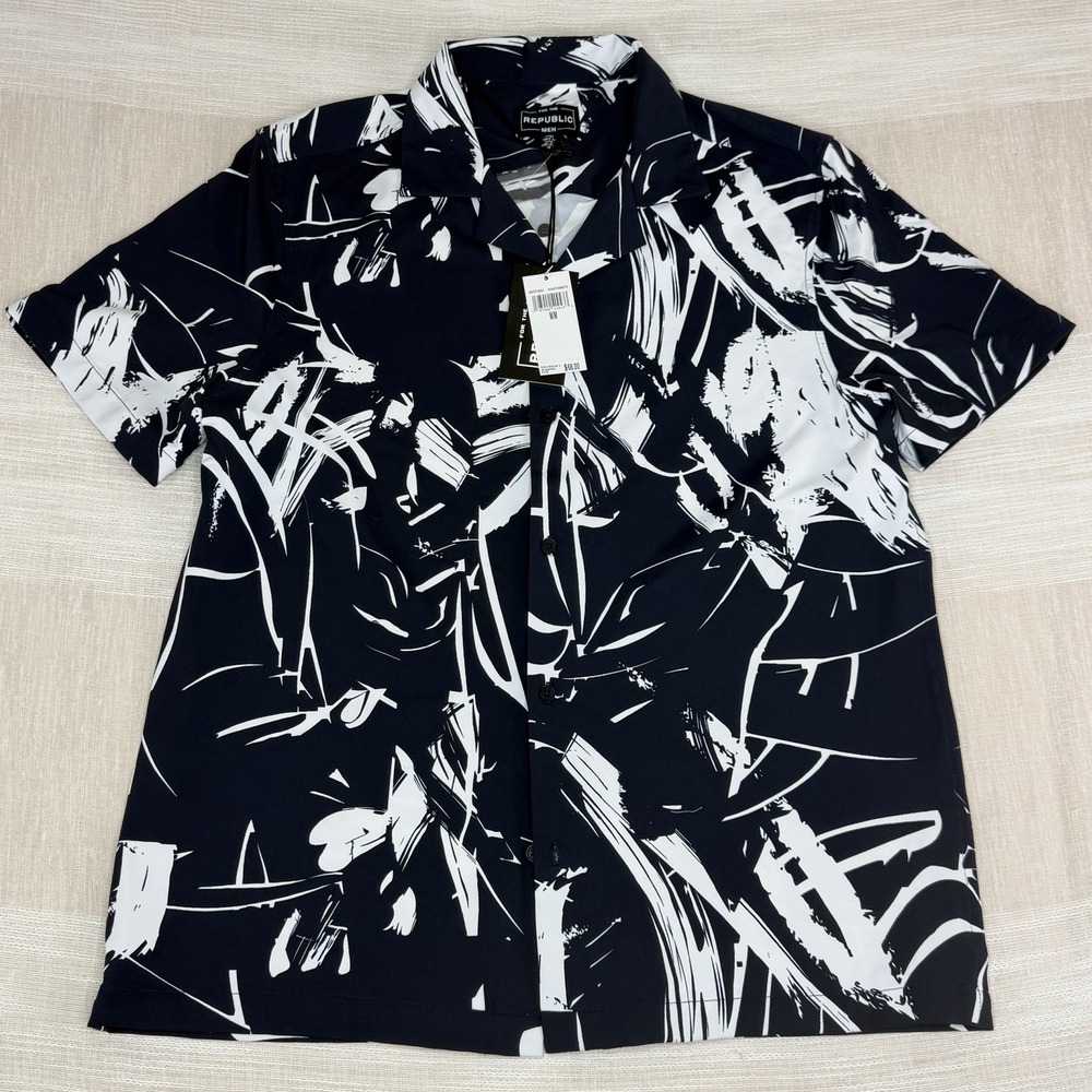 New FOR THE REPUBLIC Men's Abstract Print Shirt Medium M Beach Hawaiian $68